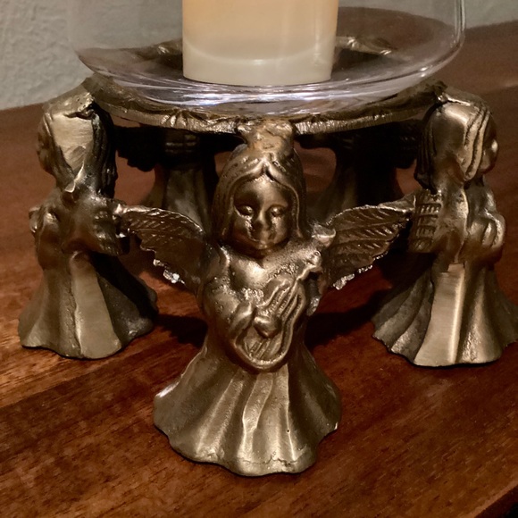 Brass Five Girl Angels Playing Guitar Round Base Candle Holder Art Deco VTG EUC - Picture 5 of 14